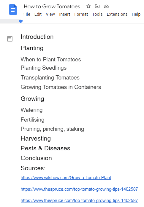 Article Outline In Google Docs How To Grow Tomatoes